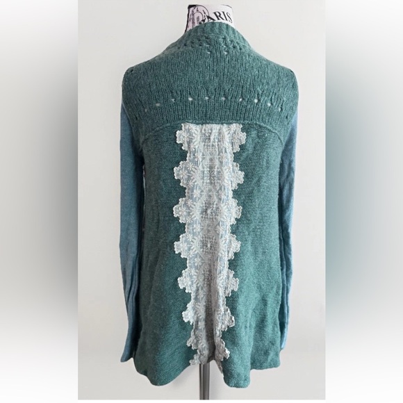 Free People Green Pinwheel Lace Back Cardigan Sweater Wool Women’s Size M - Picture 4 of 10
